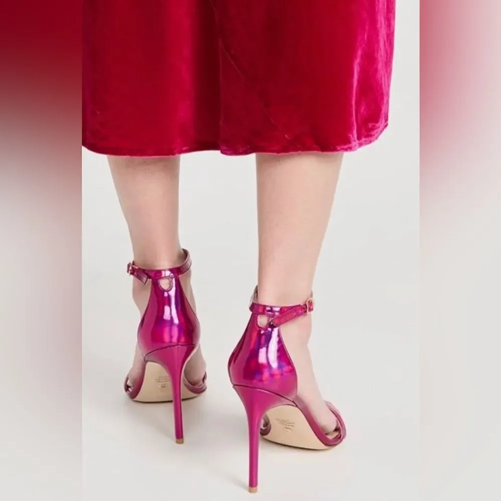 Stuart Weitzman Nudistcurve 100 Metallic Pink Stiletto Square Toe Sandals Sz 7B - Picture 3 of 16